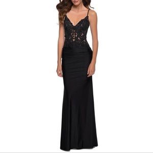 NEW Sexy La Femme Gorgeous Black Lace with Rhinestones Illusion Fitted Gown 12